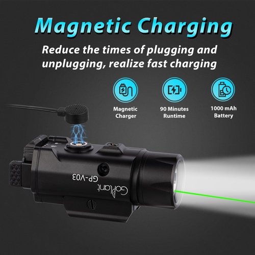 1750 Lumens Weapon Laser Light Combo - Adjustable Rail LED Light and Green Laser Flashlight, Aircraft-Grade Aluminum Magnetic Rechargeable Strobe Tactical Lights for Picatinny or GL Rail