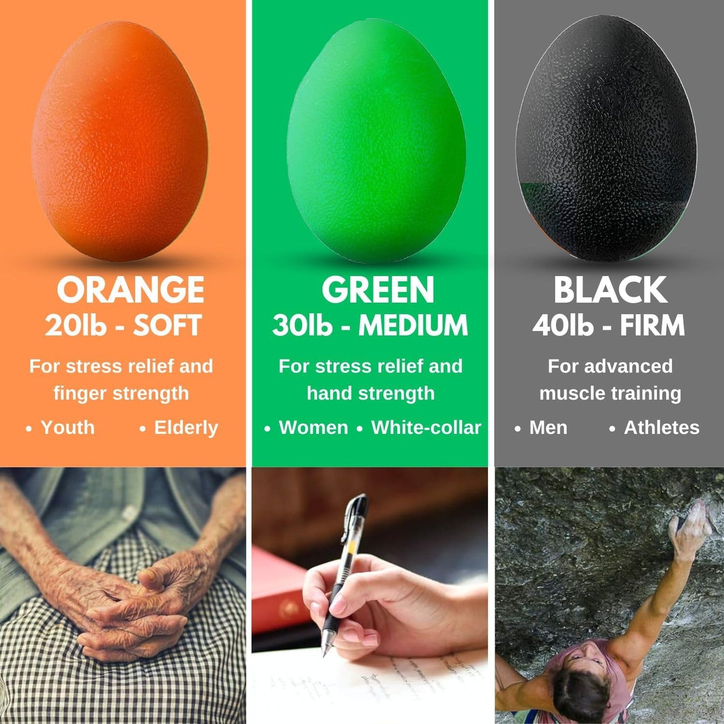 The Friendly Swede Stress Balls for Adults - 3 Squeeze Balls for Hand Therapy, Stress Relief & Strength; 3 Resistance Levels
