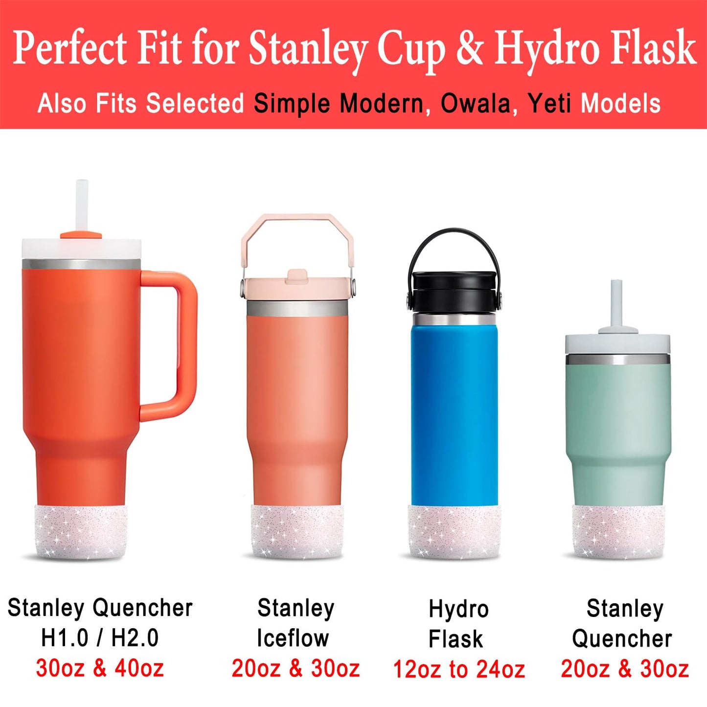 2 PCS Glitter Silicone Boot Compatible with Stanley Tumbler 20 30 40 oz & Fits Hydro Flask Water Bottle 12-24oz & Fits Yeti, Simple Modern, Owala Cup - Bling Cup Bottom Protector Accessories