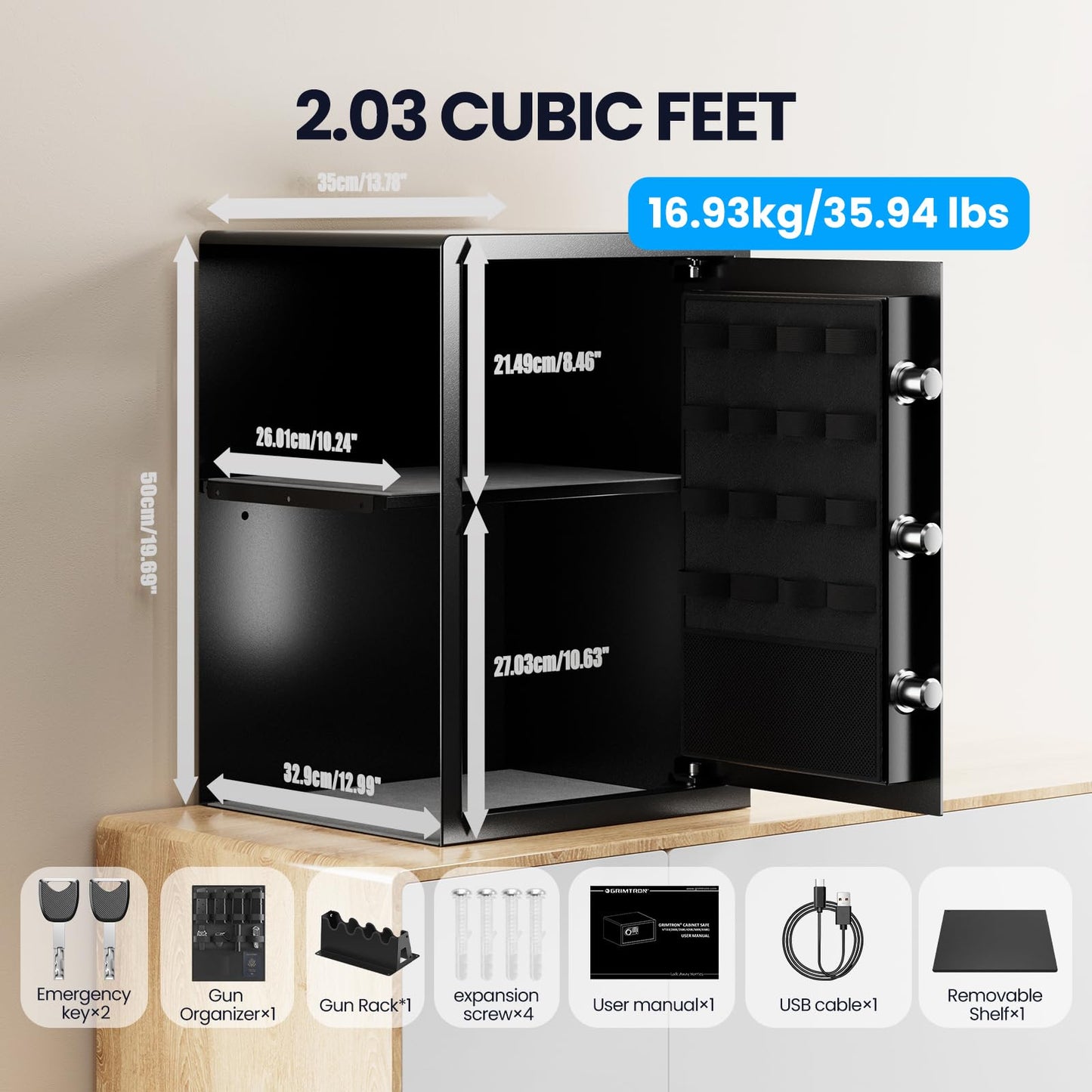Grimtron Gun Safe for Handgun - (2.03 cu. ft.) Include 【Gun Organizer & Gun Rack】 Silent Mode, Backlit Keypad, and LED Light Safe Box Anti-Rust, Anti-Theft, Anti-Pry