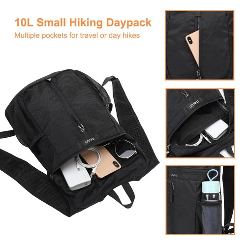 MOSISO 10L Lightweight Hiking Daypack Small Packable Travel Hiking Backpack, Foldable Shoulder Bag with Front Vertical Pocket, Black
