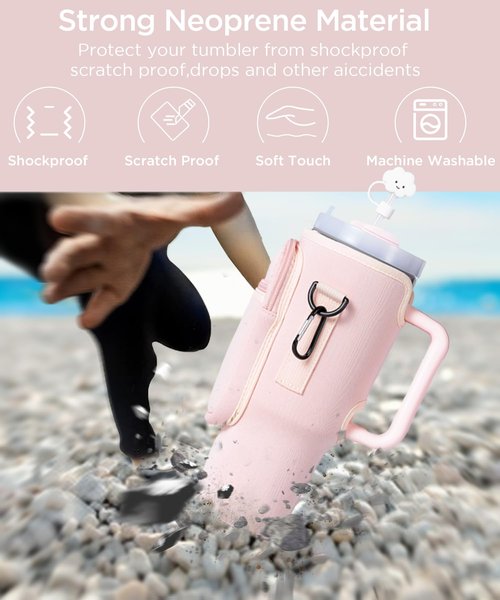 Water Bottle Carrier Bag with Phone Pocket for Stanley 40oz Tumbler with Handle(Pink+Blue)