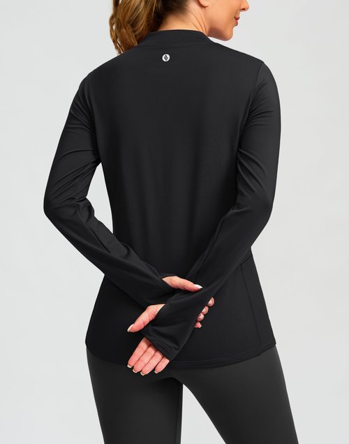 SANTINY Long Sleeve Thermal Shirts for Women Fleece Mock Neck Tops Winter Workout Running Gear with Zipper Pockets(Black_M)