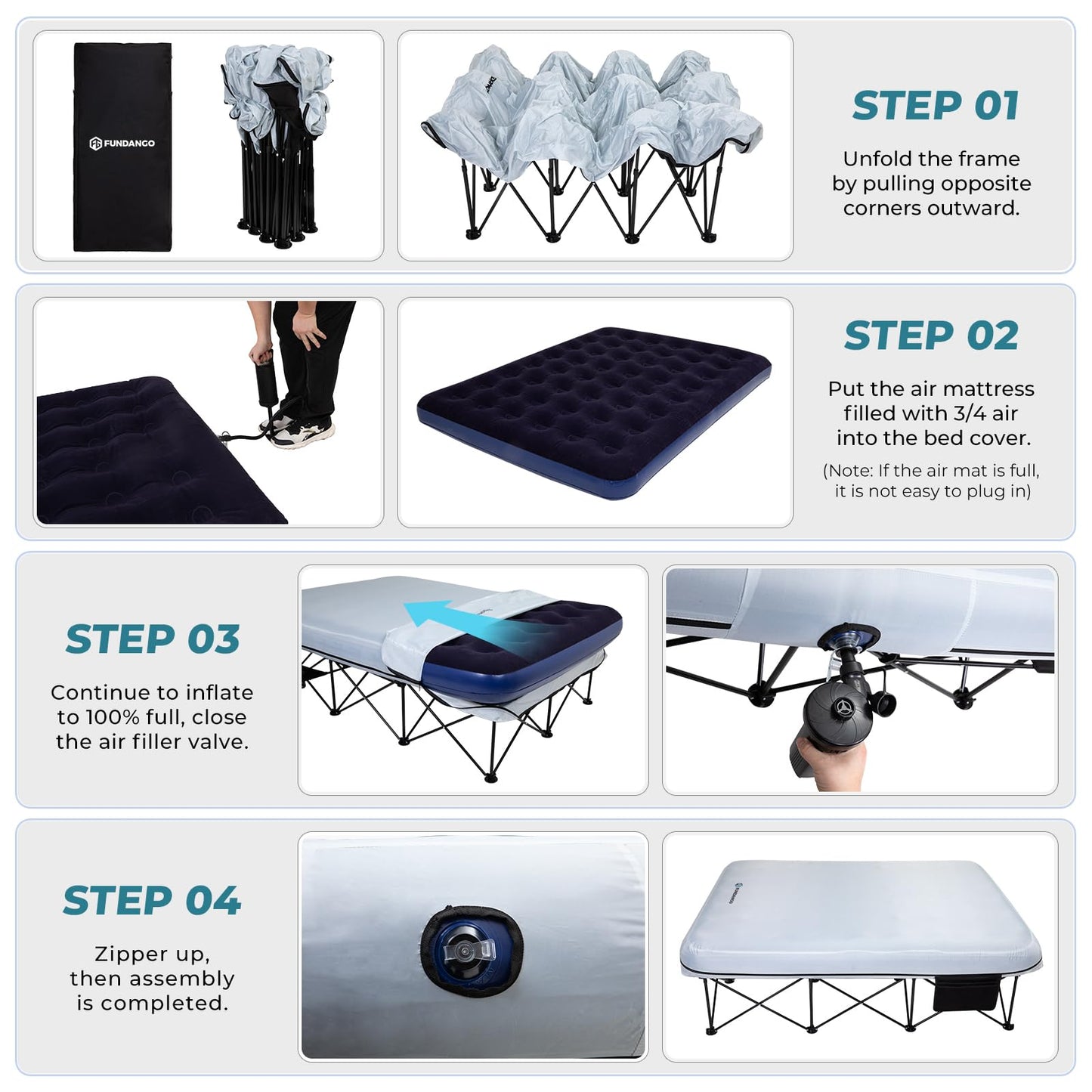 FUNDANGO 2 Person Cot Queen Size, Folding Airbed Mattress, Double Camp Bed with 2 Cup Holders, Removeable Cover for Adults Outdoor Travel,Carry Bag Included (Grey)