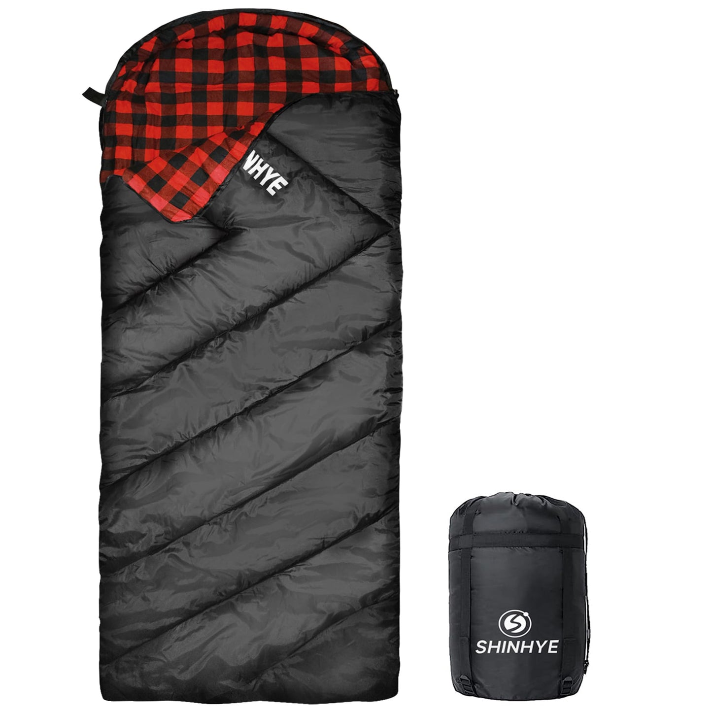 ShinHye 0 Degree Sleeping Bag for Adults - Cotton Flannel 4 Season Cold Weather Winter, XXL Big and Tall Camping Sleeping Bag with Compression Sack (Black, 90"×35" Right Zip)