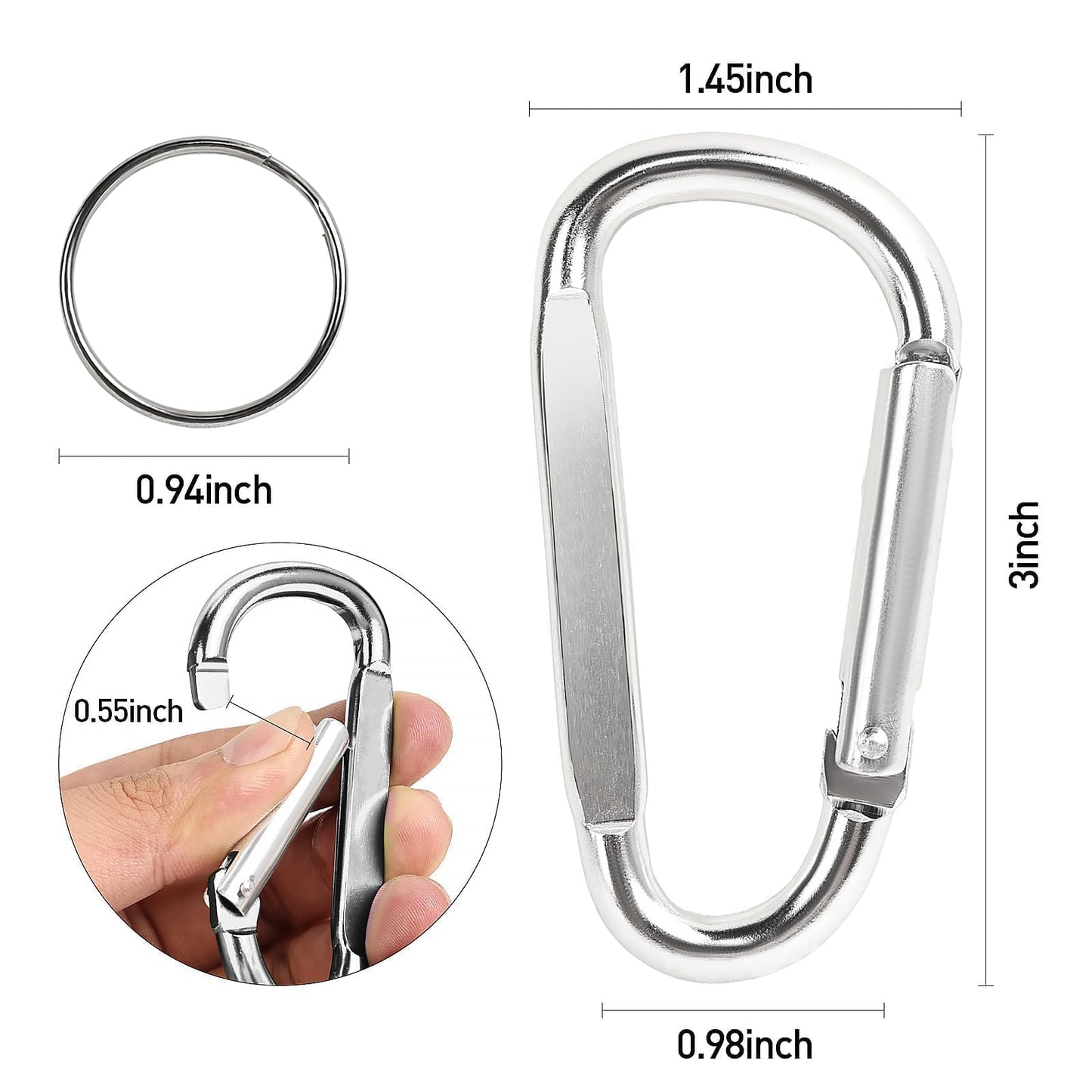 Foweroty Carabiner Clip, 3" Aluminum Clips D Ring Shape Carabiner, Key Chain with Key Ring Keychain Hook (A2-Silver)
