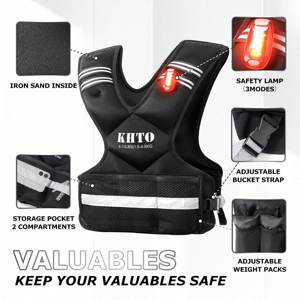 KHTO Adjustable Weighted Vest for Men and Women – X Shaped Weight Vest with Warning Light, Reflective Strip – Weighted Walking Vest Strength Training Weight Vests for Home, Gym (4-10lb)
