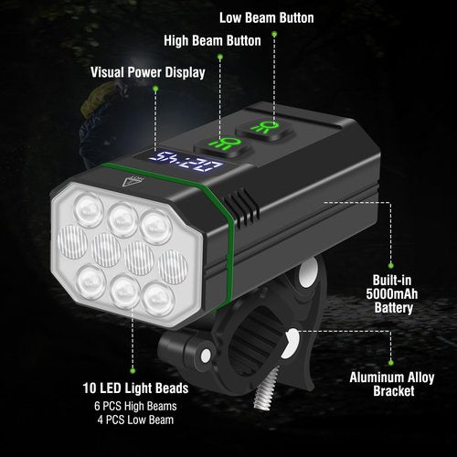 BORUIT L15 Bike Light 10 LED Bike Lights for Night Riding 5000mAh Super Bright Rechargeable Bicycle Light Front and Rear Aluminum Alloy IPX66 Waterproof Bike Light for Night Mountain Road Cycling