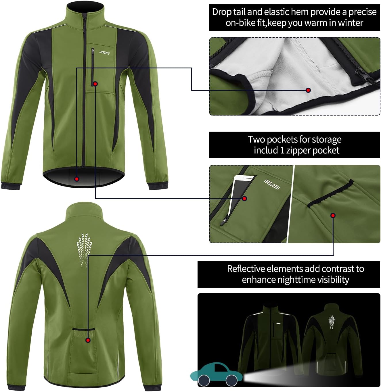 ARSUXEO Winter Warm UP Thermal Softshell Cycling Jacket Windproof Waterproof 15-k