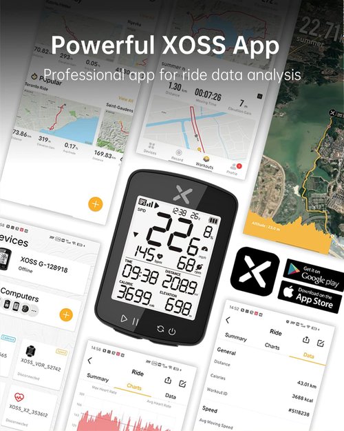XOSS G+ Gen2 GPS Bike Computer ANT+/ Bluetooth IPX7 Cycling Computer Rechargeable Speedometer Odometer with 2.2 inch LCD Screen, 28 hrs Long Battery Life with Vortex Speed Cadence Sensor-2 Pack