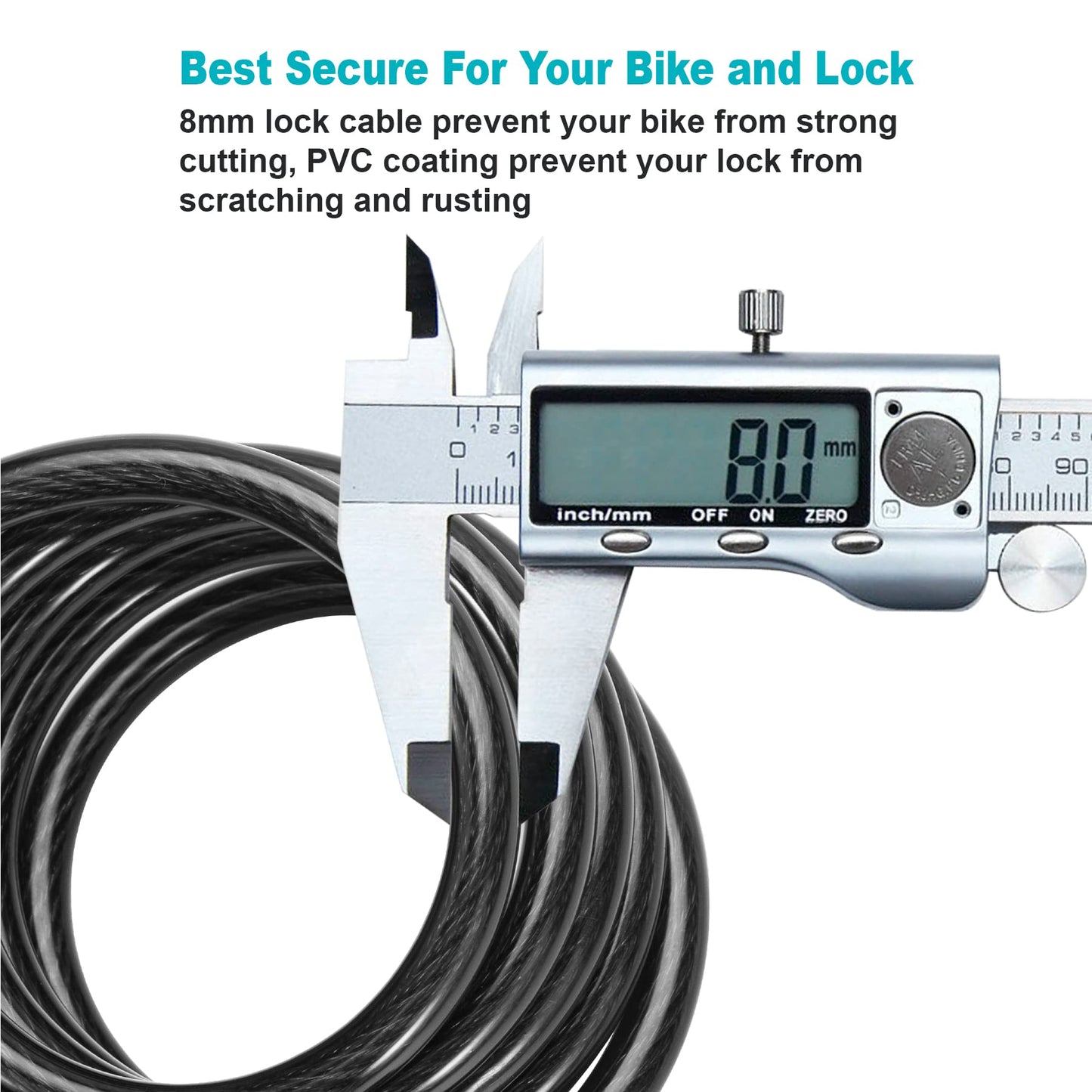 Titanker 2PCS Black Bike Cable Lock (8mm+12mm), 4 Feet Bike Cable Lock Basic Self Coiling Kids Bike Lock Combination with Complimentary Mounting Bracket