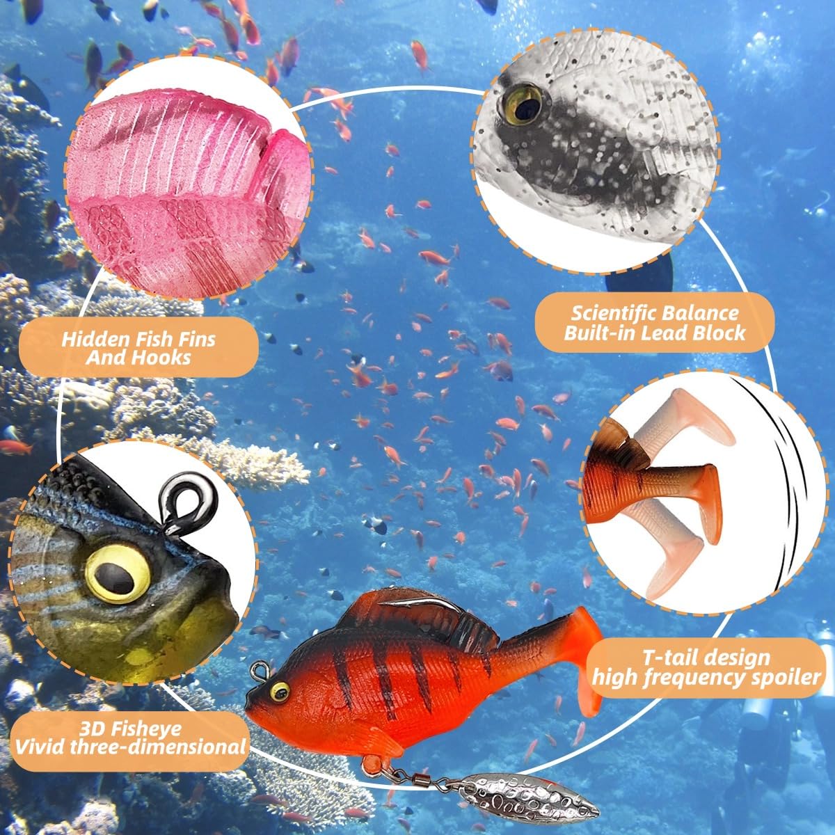 6PCS Pre-Rigged Jig Head Soft Fishing Lures with Paddle Tail, Swim Baits 3D Eyes Spinner Blades for Bass Fishing, Fishing Bait for Freshwater Saltwater, Fishing Lures for Bass Trout Walleye Crappie