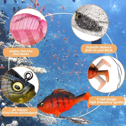 6PCS Pre-Rigged Jig Head Soft Fishing Lures with Paddle Tail, Swim Baits 3D Eyes Spinner Blades for Bass Fishing, Fishing Bait for Freshwater Saltwater, Fishing Lures for Bass Trout Walleye Crappie