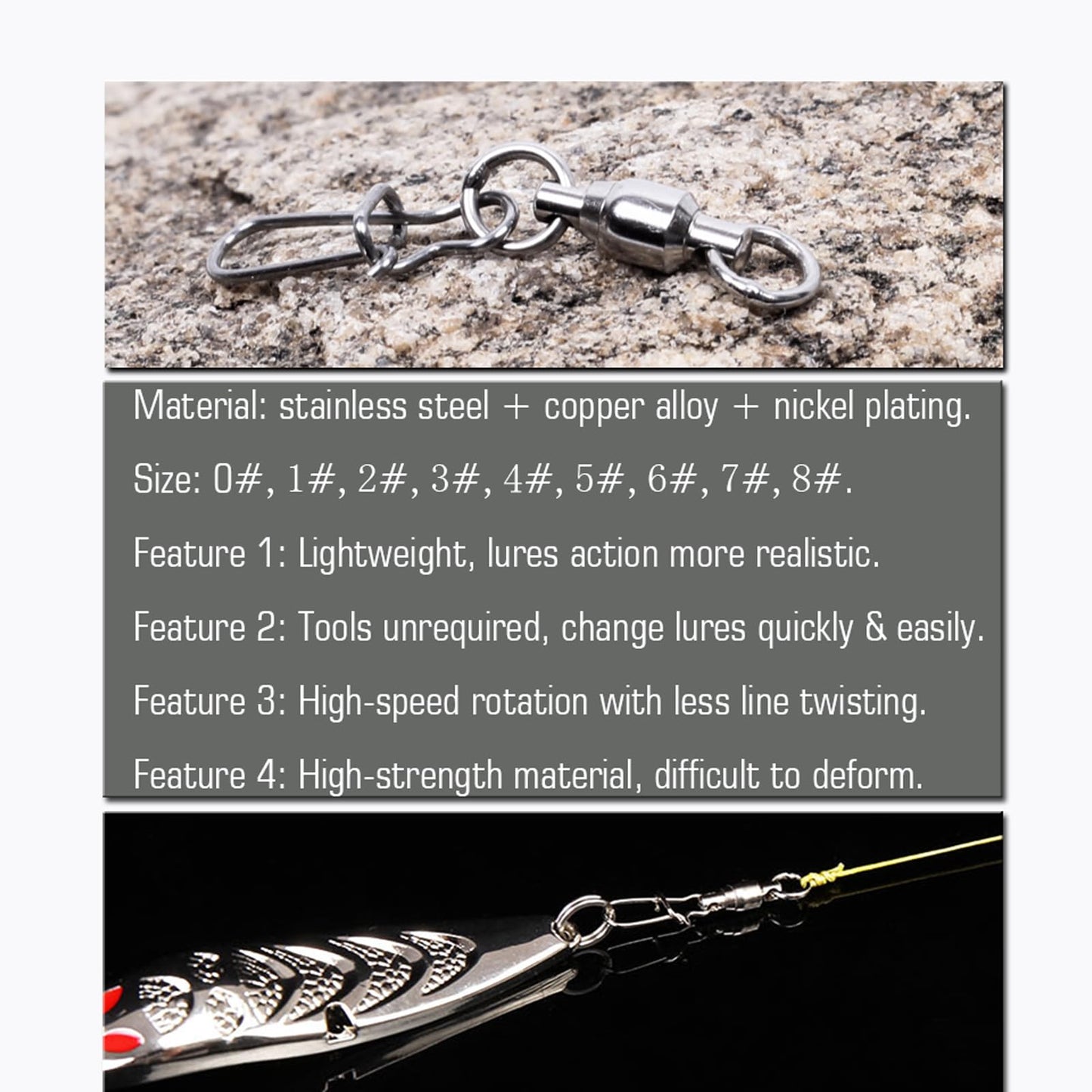 AMYSPORTS Duo Lock Snap Fishing Swivels Stainless Barrel Swivels Fishing Lure Snap Swivels Ball Bearing Swivels Fishing Tackle for Saltwater Fishing Freshwater Fishing 50pcs 27lbs