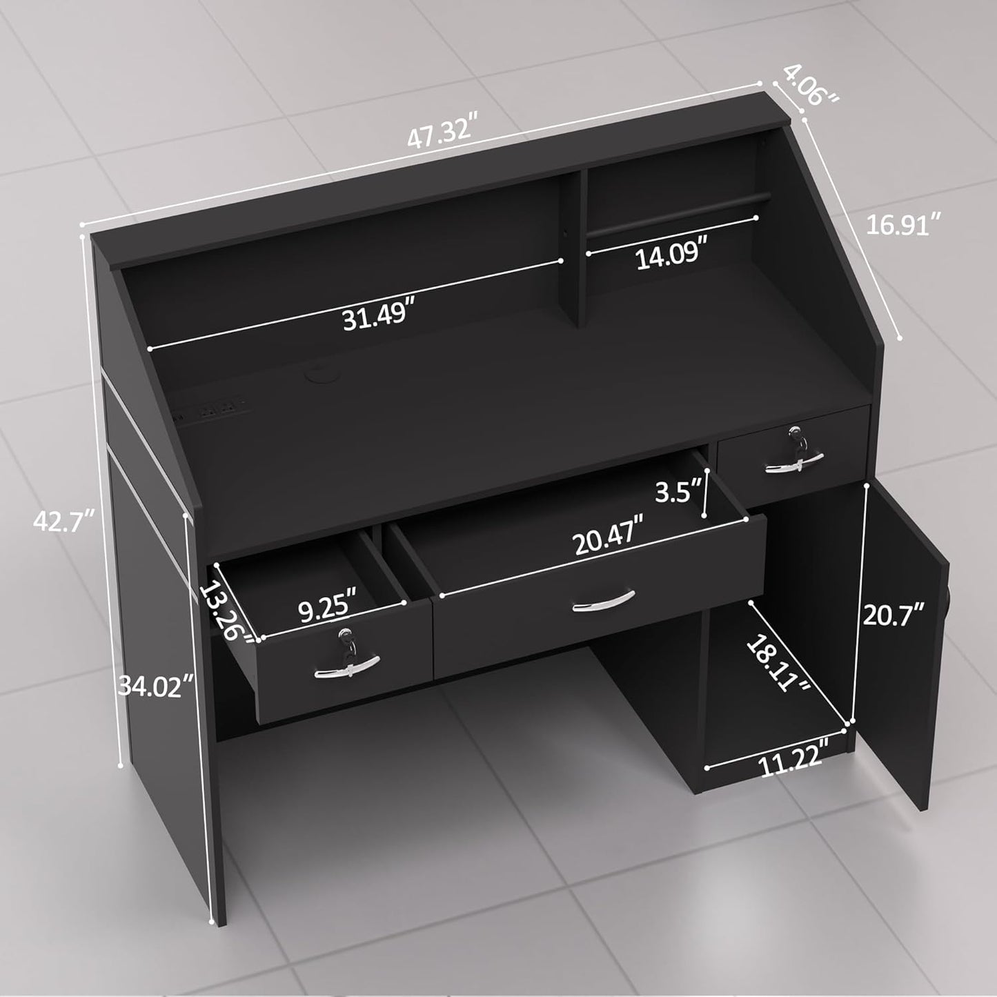 AHB Reception Desk with Counter, Modern Front Table Equipped Lockers & Storage Shelves, 50-inch Checkout Counter with LED Lights & DIY Stripe for Lobbies, Salons, Retail, Home Offices, Reception Room