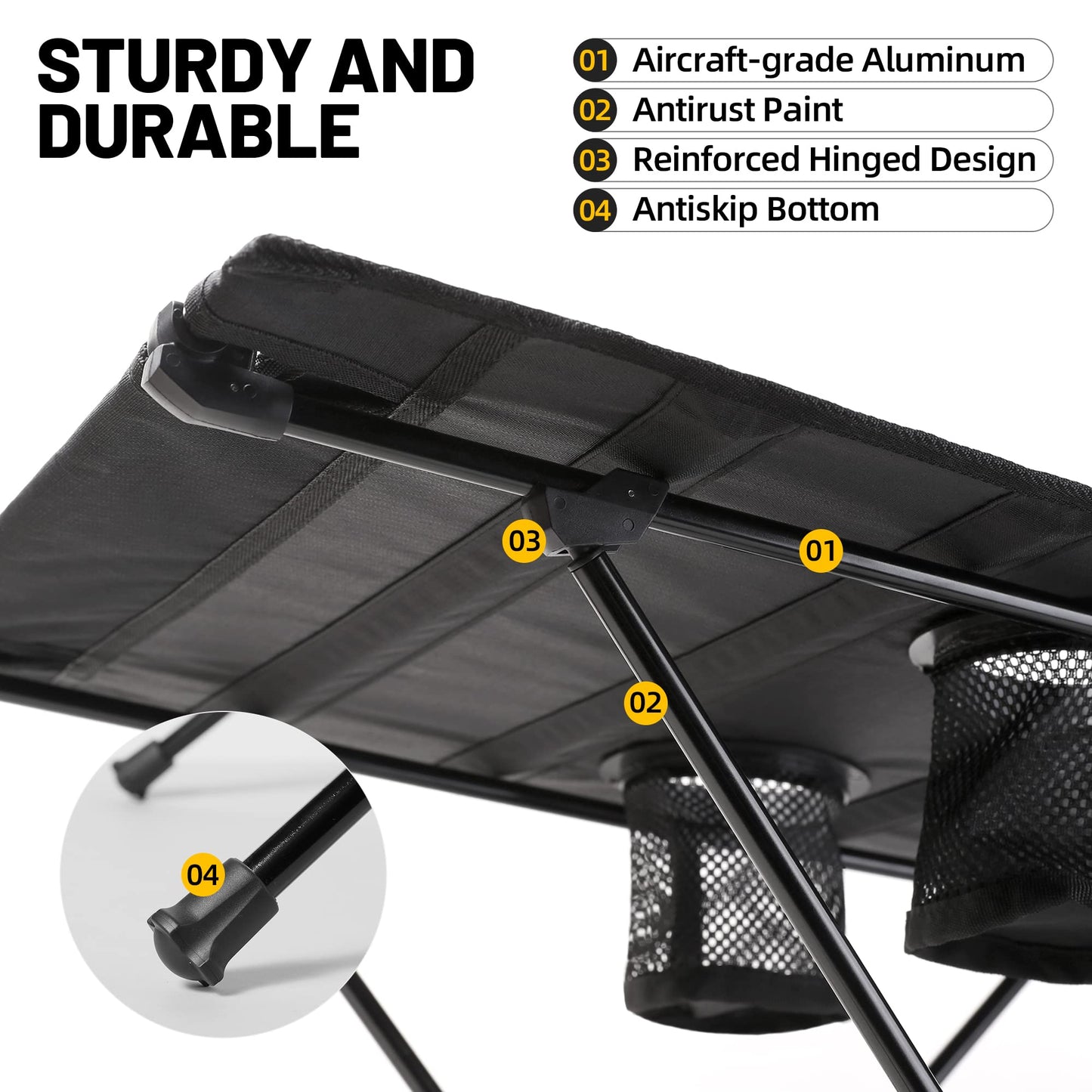ZUNE LOTOO Portable Camping Table Folding, Small Beach Table Foldable with Drink Holder & Mesh Storage & Carry Bag Compact Camp Tent Side Table for Picnic Tailgate Travel Outdoor Fishing Backpacking