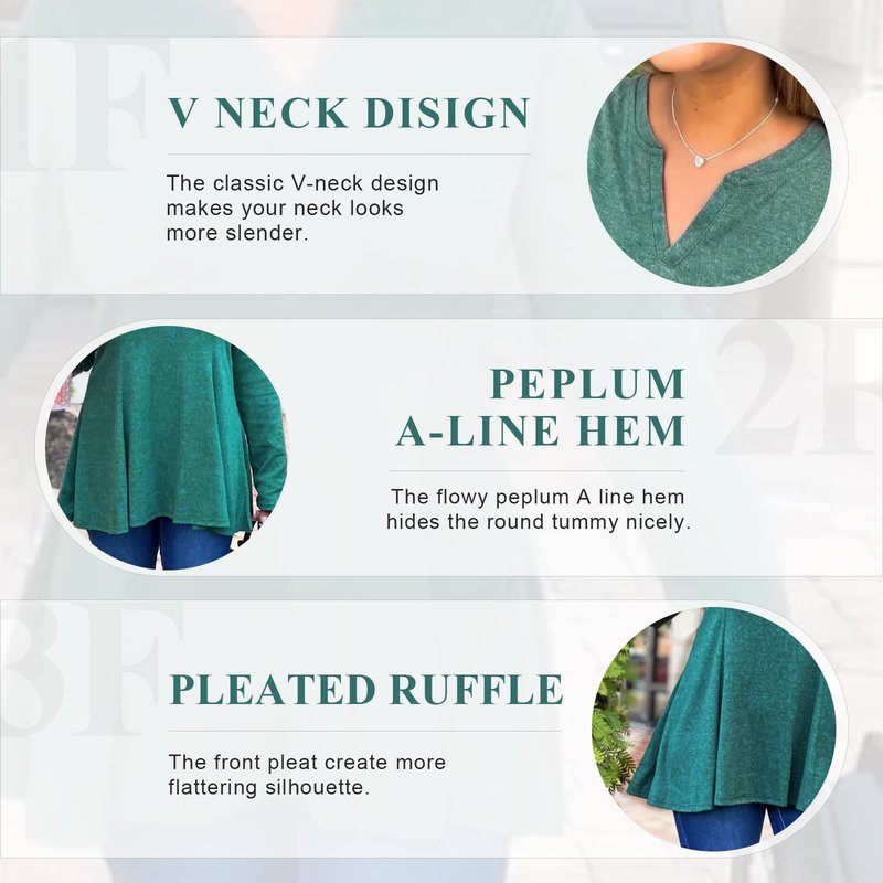 Miusey Long Sleeve Peplum Tops for Women Henley V Neck Pleated Fitted Ruffle Tops to Hide Belly Draped A-Line Elegant Empire Flowy Waist Red Medium