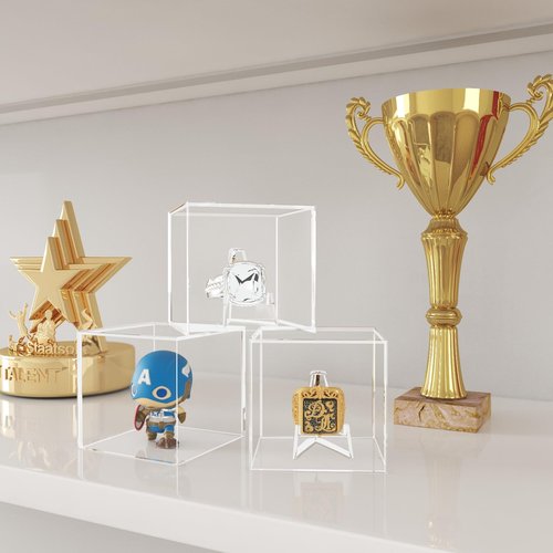 Clear Acrylic Ring Case Display - 4 Pack with Stand, Perfect for Baseball, Football, Softball Championship Rings, 2.5 Inch Square Box