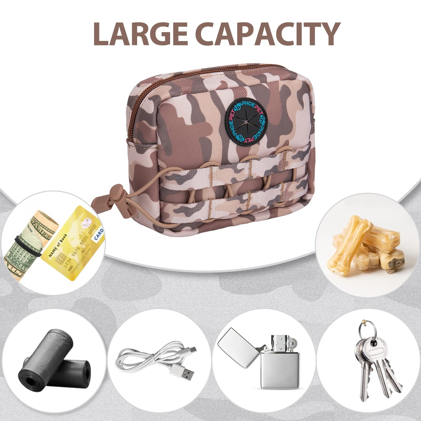 PHOEPET 2 PCS Bags Pouches for Tactical Dog Harness, Safety Side Pockets with a Poop Bag Holder and a Panel for Patch(Woodland Brown,#2)