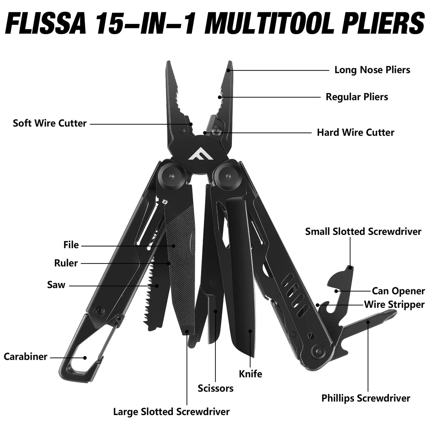 FLISSA 15-in-1 Multi-tool Pliers with Sheath, Portable Pocket Knife with Safety Locking System, Belt Clip and Sheath for Outdoors, Survival, Camping, Fishing, Hunting
