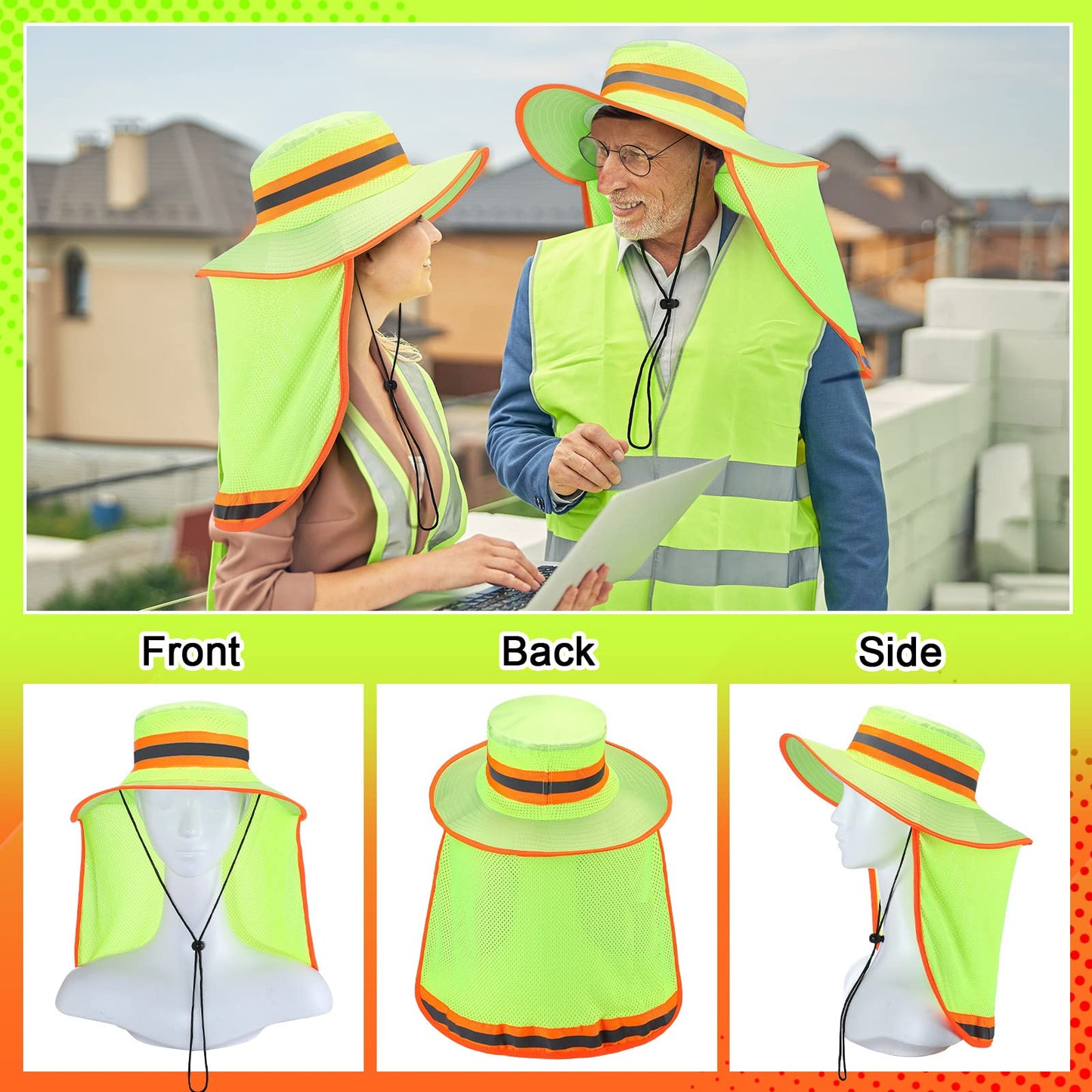 Jexine 10 Pcs High Visibility Reflective Hat with Neck Flap Safety Sun Hat for Men Bucket Cap Boonie Hats Bulk(Yellow, Orange)