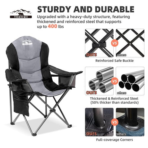 Tisetrail 2 Pack Folding Camping Chairs Set of 2 for Adults High Back Padded Lawn Chairs Portable Outdoor Camp Chairs, 400lbs Capacity, Black & Gray