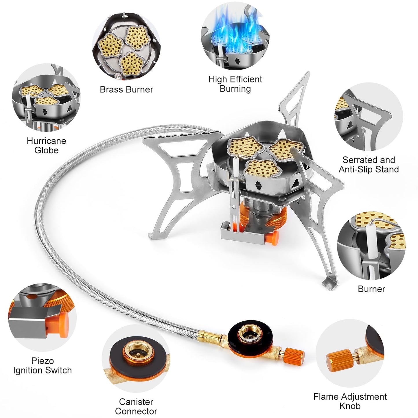WADEO 6800W Windproof Camping Stove, Backpacking Stove with Piezo Ignition and Fuel Canister Adapters, Camping Gas Stove for Outdoor Backpacking Hiking and Picnic