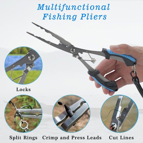 BSPIX Fishing Gear Set - Long Nose Stainless Steel Fishing Pliers 8.5", Fish Lip Gripper, Telescopic Lanyard & Sheaths - Multi-Function Saltwater Resistant Fishing Tools (Blue)