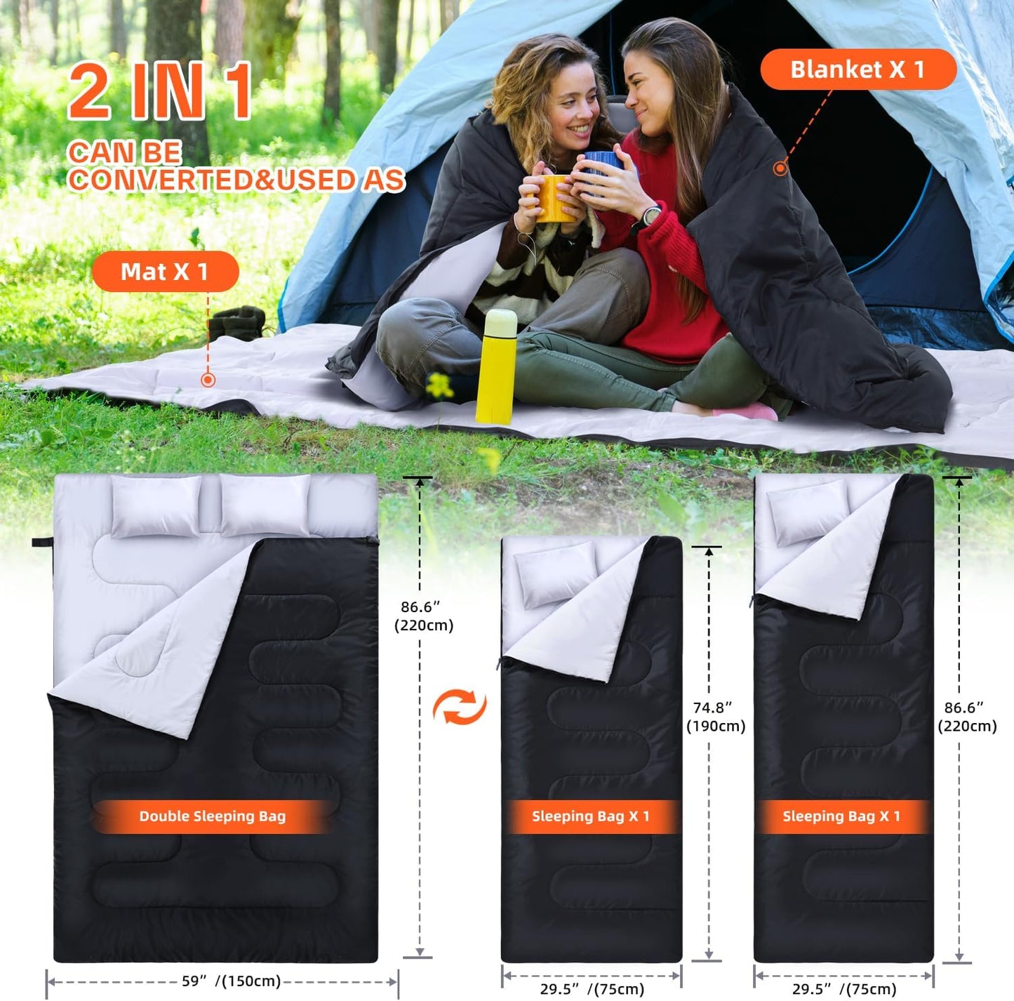 Ohuhu Double Sleeping Bag: Queen Size 2 Person 3 Season for Warm & Cold Weather Camping Sleeping Bag with 2 Pillows, Large Size 87'' x 60'' Waterproof Lightweight