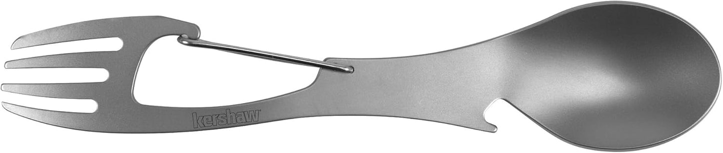 Kershaw Ration Multi Tool Spork, Stainless Steel Spoon, Fork, Carabiner and Bottle Opener, Regular and XL Sizes