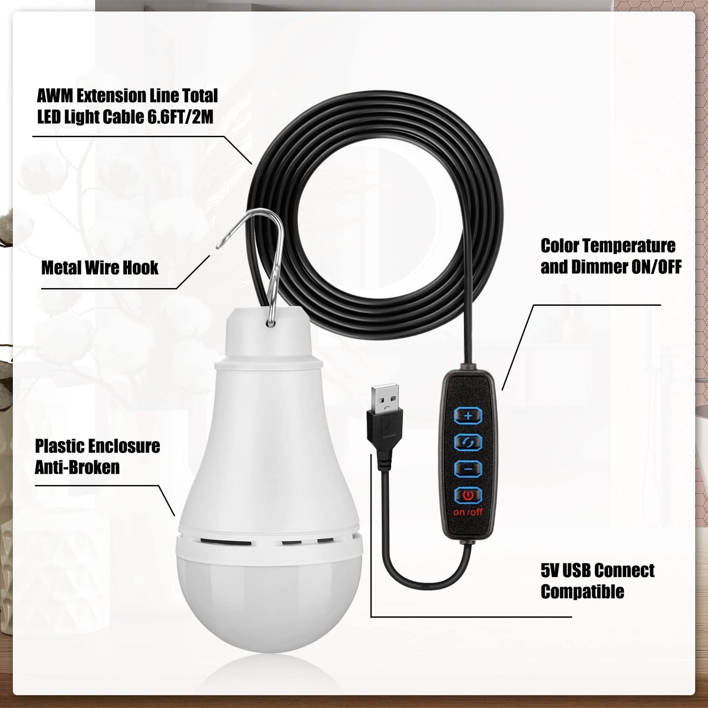 Kittmip 6 Pcs USB Light String LED Portable Light Bulb Rechargeable USB Strip Camping Lantern with Splitter Cable for Camping Porch Backyard Garage Warehouse Truck Fishing Boat