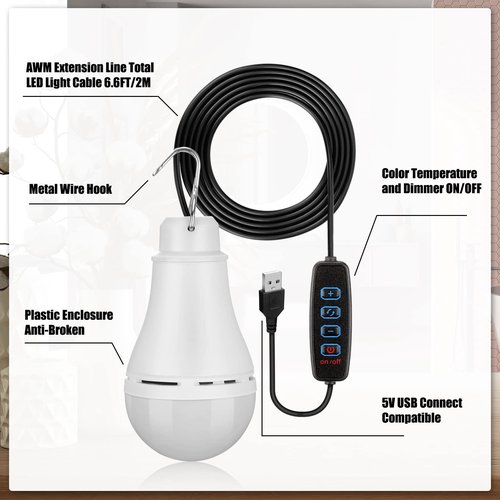 Kittmip 6 Pcs USB Light String LED Portable Light Bulb Rechargeable USB Strip Camping Lantern with Splitter Cable for Camping Porch Backyard Garage Warehouse Truck Fishing Boat