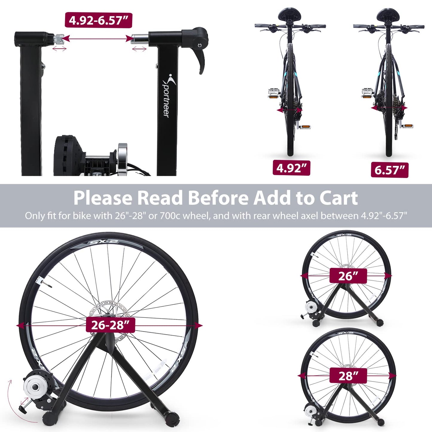 Sportneer Bike Trainer Stand Indoor Exercise - Sportneer Magnetic Bicycle Cycling Training Accessories with Noise Reduction Wheel Kit for Road Bike