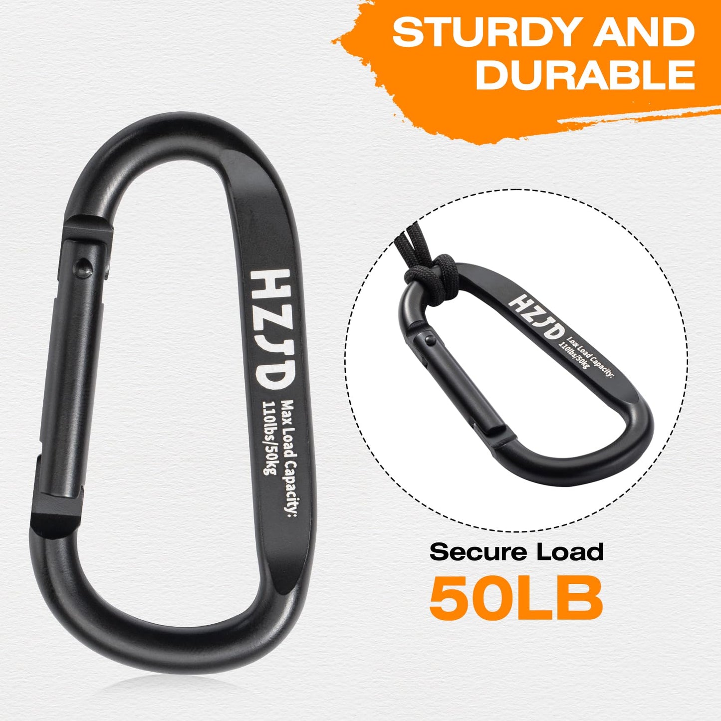 HZJD Carabiner Caribeaner Clip, 110lbs, 3" Aluminum Heavy Duty Black(2PCS)