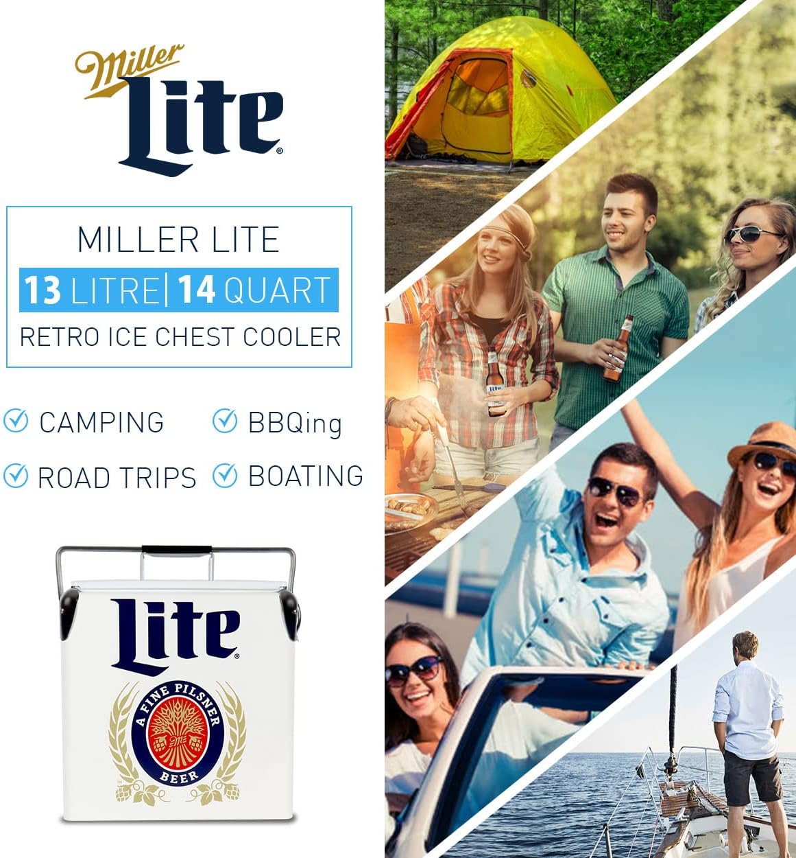 Miller Light Retro Ice Chest Cooler - Portable Ice Bucket with Bottle Opener, Vintage Style, Insulated for Camping, Beach, Picnic, RV, BBQs, Tailgating, Fishing, 18 Can Ice Box, 13L (14 qt)