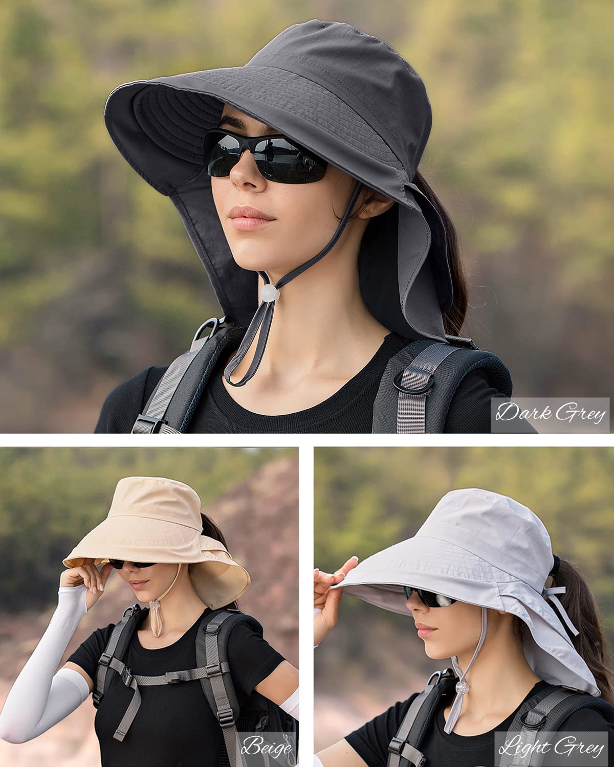 3 Pack Womens Ponytail Sun Hat with Neck Flap Wide Brim UV Protection Bucket Hat Summer Beach Fishing Hiking Garden UPF 50+ (3 Pack-Dark Grey&Light Grey&Beige)