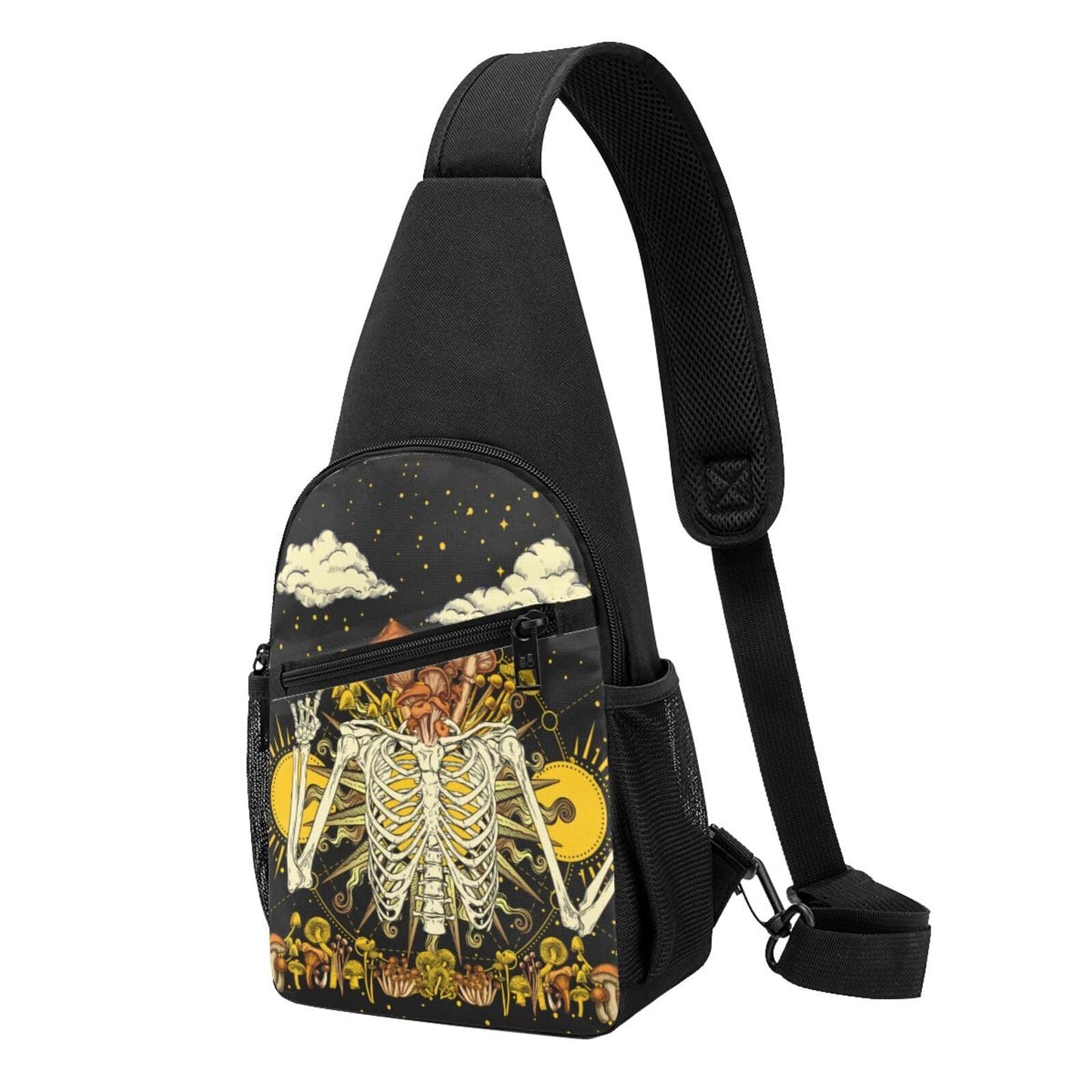 FREEHOTU Mushroom Skeleton Burning Sun Plants Sling Backpack Travel Daypack Chest Bag Crossbody Shoulder Bag