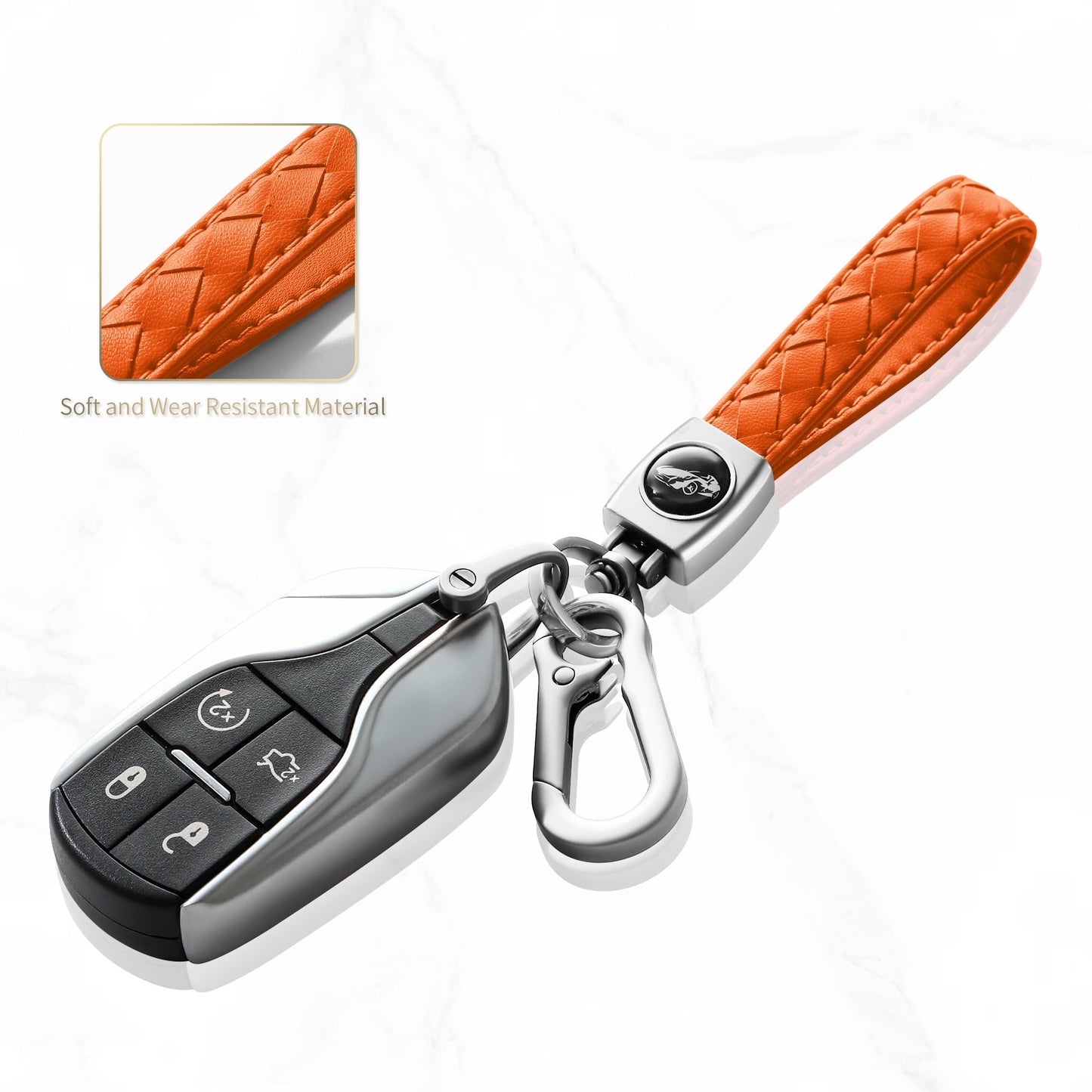 Gkeygo Carabiner Keychain, Universal Heavy Duty Woven Handmade Leather Key Chain, Car Fob Key Keychains with 360 Degree Rotatable Snap Swivel and Anti-Lost D-Ring for Men and Women, Silver - Orange