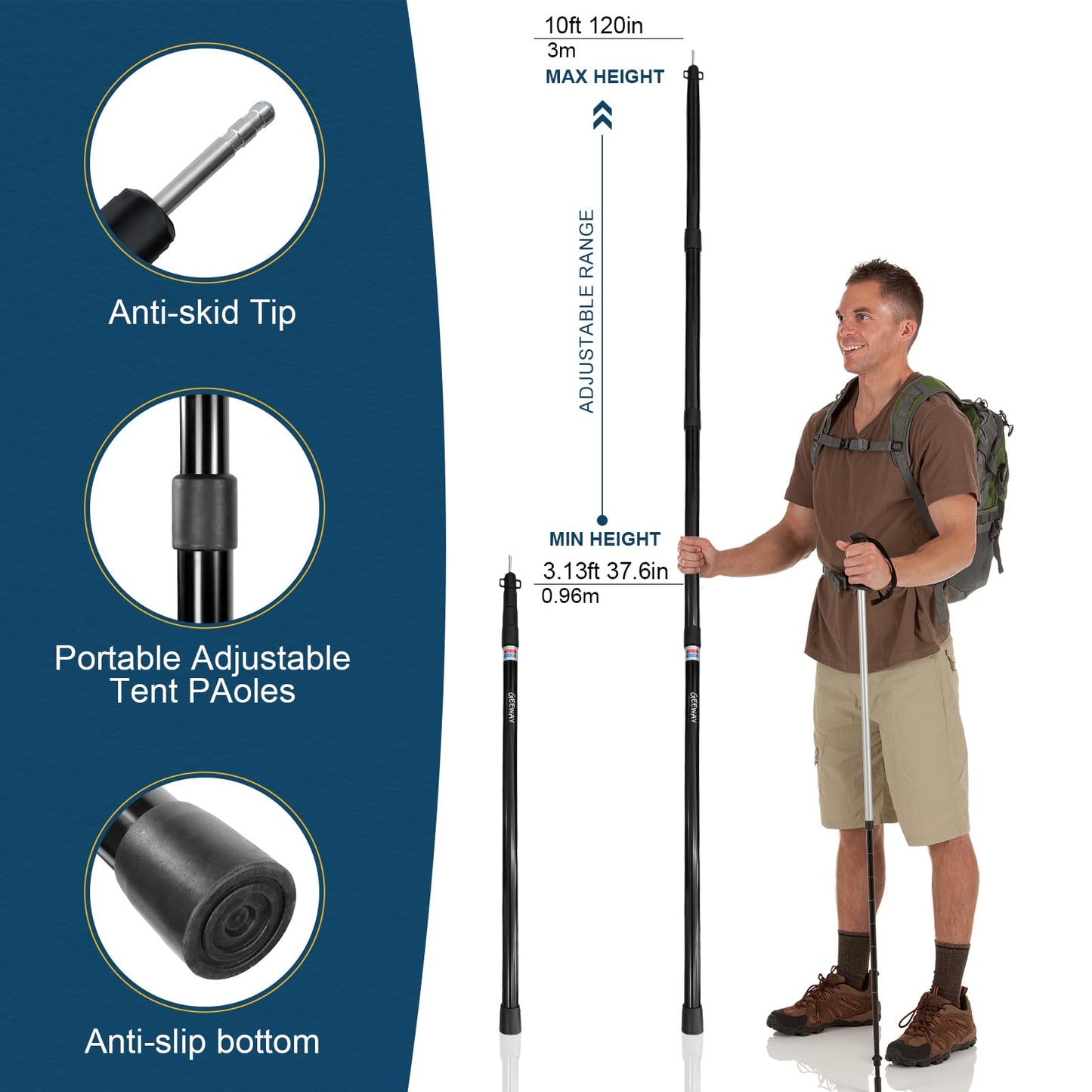 GEEWAY 2 Pcs 120 Inch Tarp Poles for Camping, Heavy Duty Telescoping Tent Pole, Aluminum Adjustable Tent Poles for Outdoor Activity, Wilderness Adventure and RV Travel (Black)