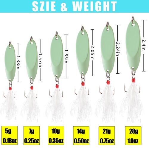 Spoon Lure Jigging Fishing Lures,6pcs Sinking Metal Luminous Spoon Lure Hard Bait Saltwater with Fishing Lure Treble Fishing Hooks for Salmon Bass Fishing Tackle Glow 7g-6pcs