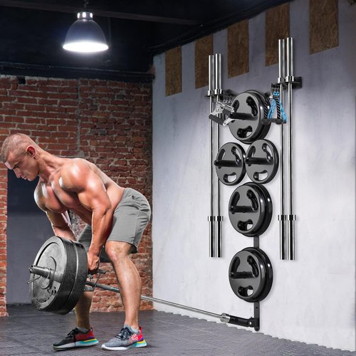 Lifeswell Wall Mounted Weight Plate Rack, Heavy Duty Olympic Barbell Holder & T Bar Row Landmine Attachment, 6 Hook Holes, 5 Pegs & 4 Barbell Storage, Space-Saving Home Gym Organizer