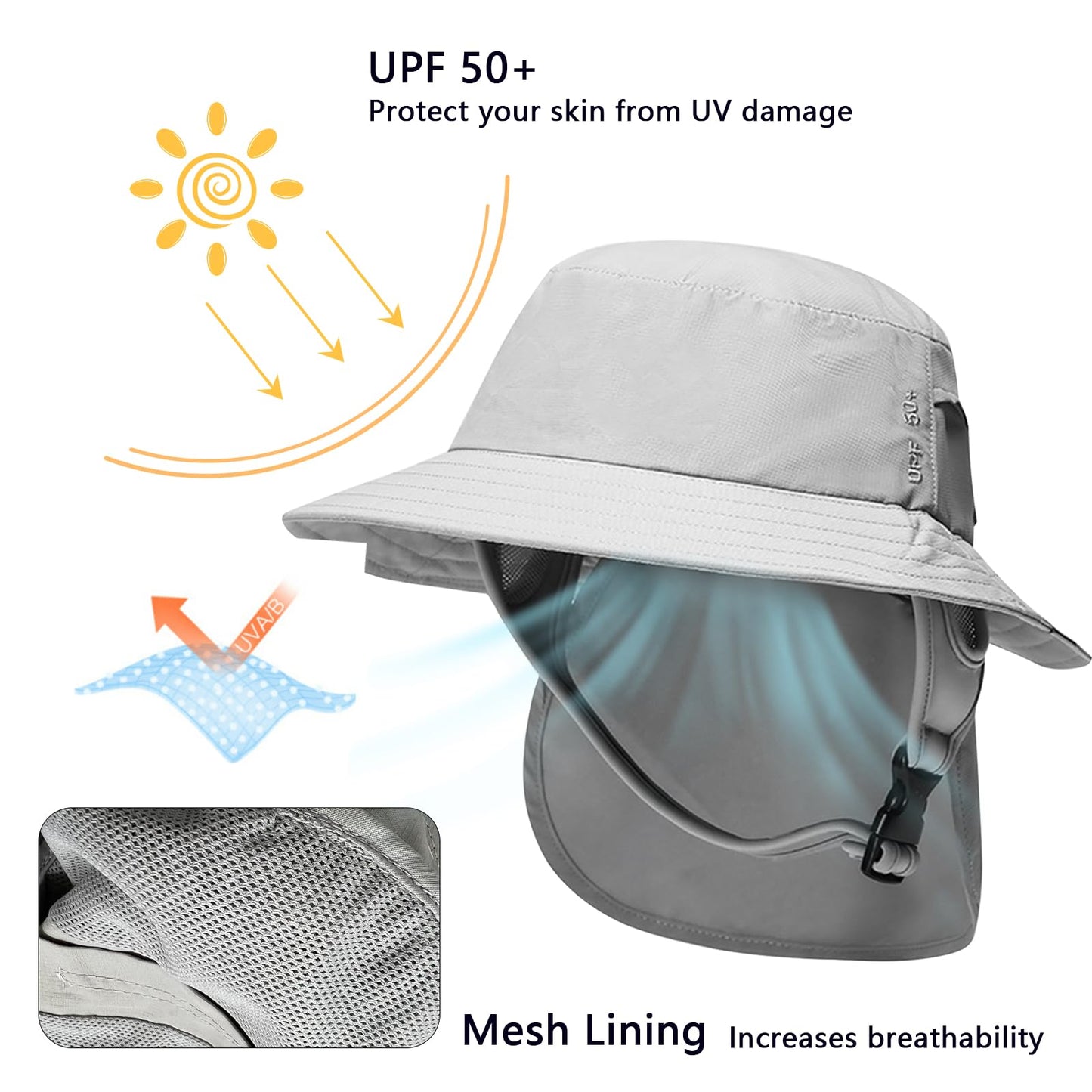 JOYART Surf Hat Bucket Beach Sun Hats with Chin Straps for Surfing,Boating,Riding,Fishing,Hiking,Watersports Men and Women,7cm Wide Stiff Brim-Gray