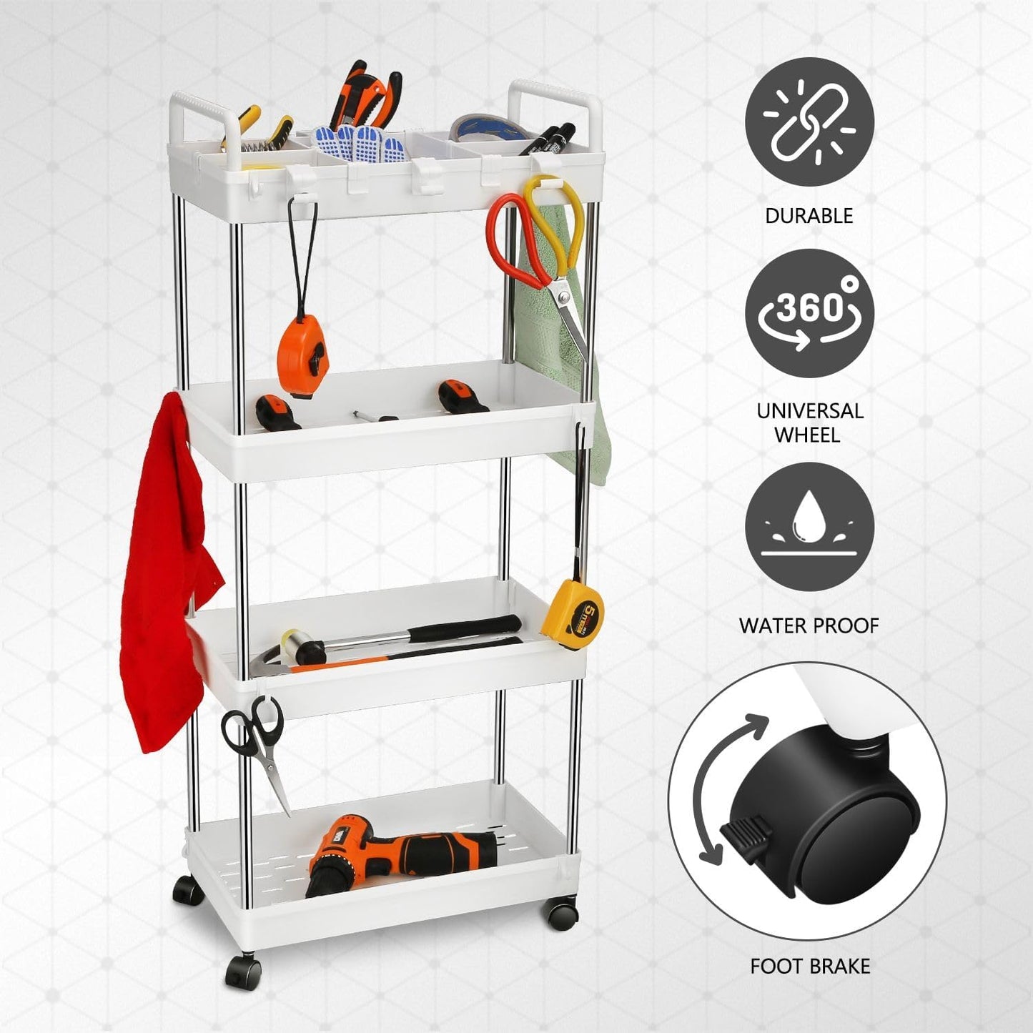 DNA MOTORING 3 Tier Slim Rolling Storage Cart, Plastic Utility Cart Organizer, Mobile Shelving Unit Utility Cart for Garage, Warehouse, Kitchen, Bathroom, Narrow Space, w/Wheel, White, TOOLS-00797-WH