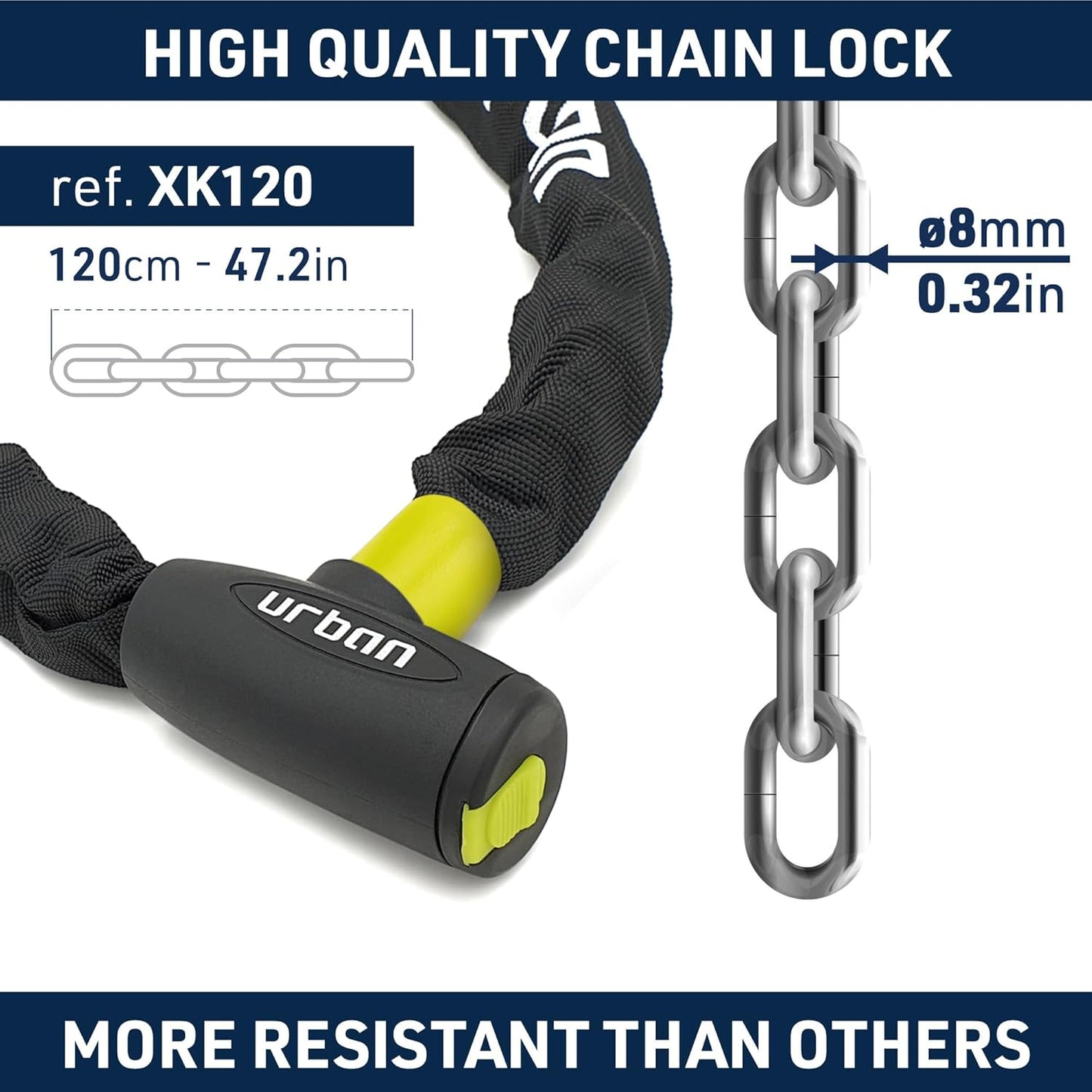 URBAN XK170 Bike Chain Lock, Heavy Duty Anti Theft 170cm ø8mm Hardened Steel Chain High Security Lock, More Length More Fixing Options, Versatile Anti-Theft for Bicycle, Motorcycle or Electric Scooter