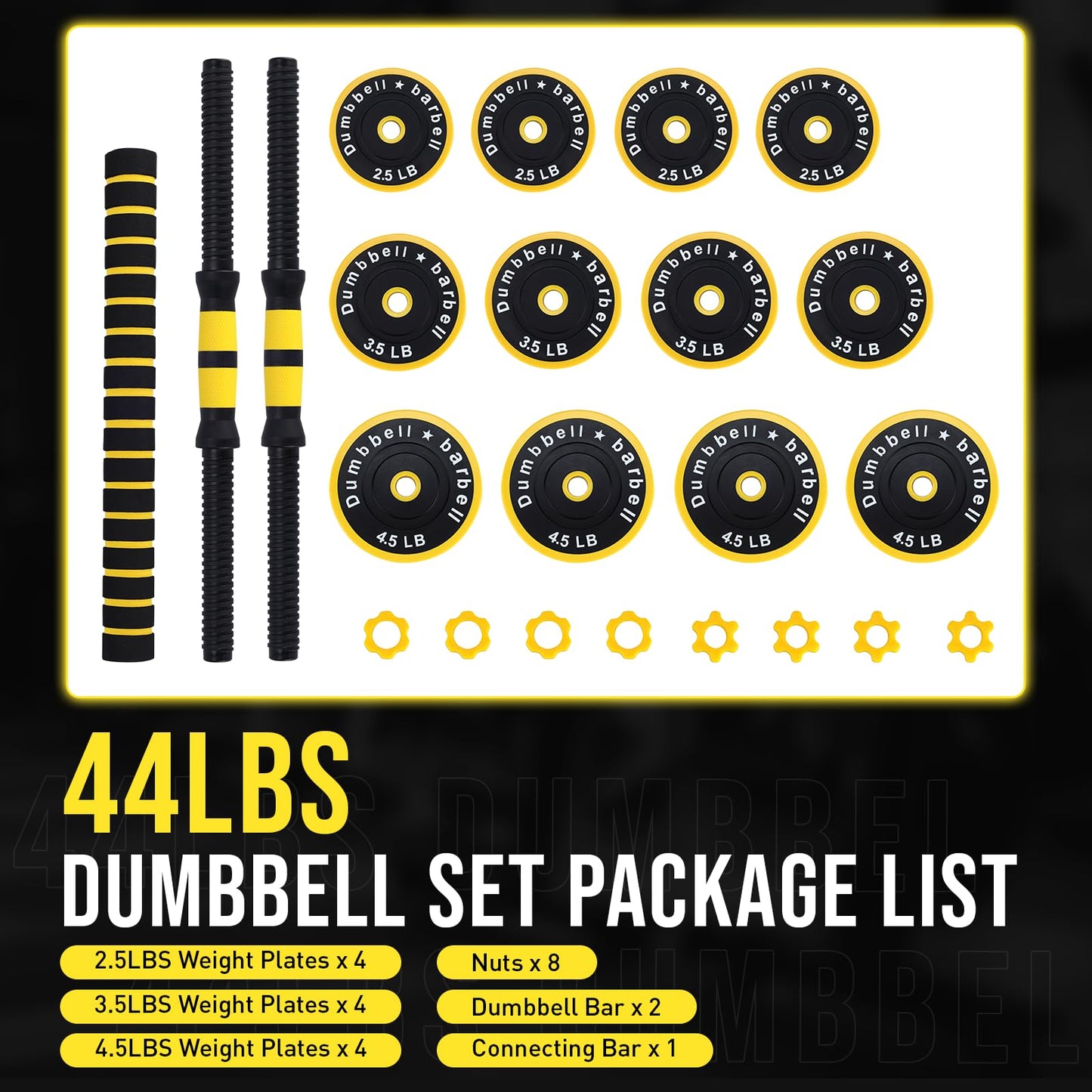 Adjustable Weights Set for Home Gym, 44 Lb 2-In-1 Adjustable Dumbbell Set with Foam Handles, Yellow