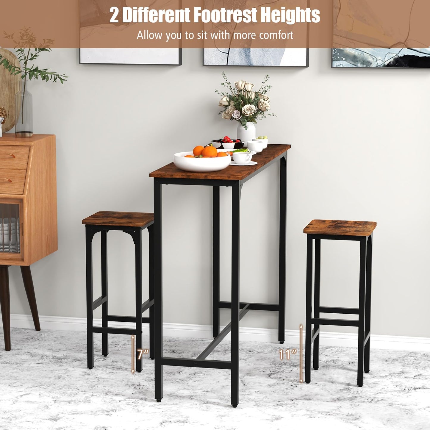 IFANNY Bar Stools Set of 2, 28" Bar Height Stools with Humanized Footrests & Metal Frame, Wood Counter Stool with Adjustable Foot Pads, Industrial Barstools for Kitchen Island, Dining Room (1)