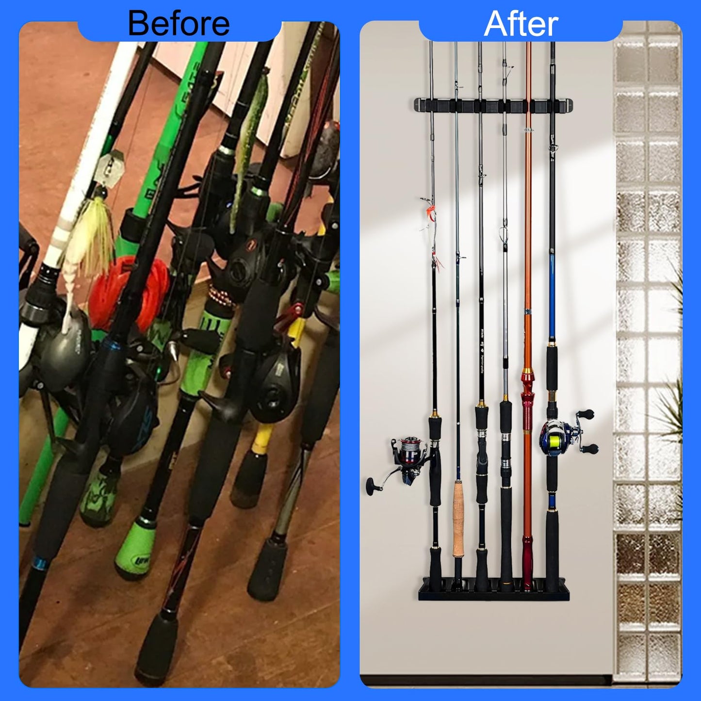 Fishing Rod Holders Wall-Mounted 2 Pairs, Simple Deluxe Fishing Pole Holder & Rack Store up to 12 Rods or Combos for Garage & Boat (Vertical, Black)
