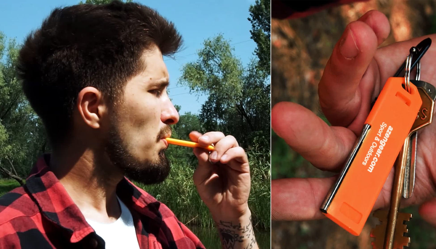 aZengear Survival Whistle with Flint Fire Starter Rod & Keyring - Loud, Pealess, Light, Thin, Waterproof - for Emergency, Hiking, Rescue, Safety, Dog Walking, EDC (Dark Orange)