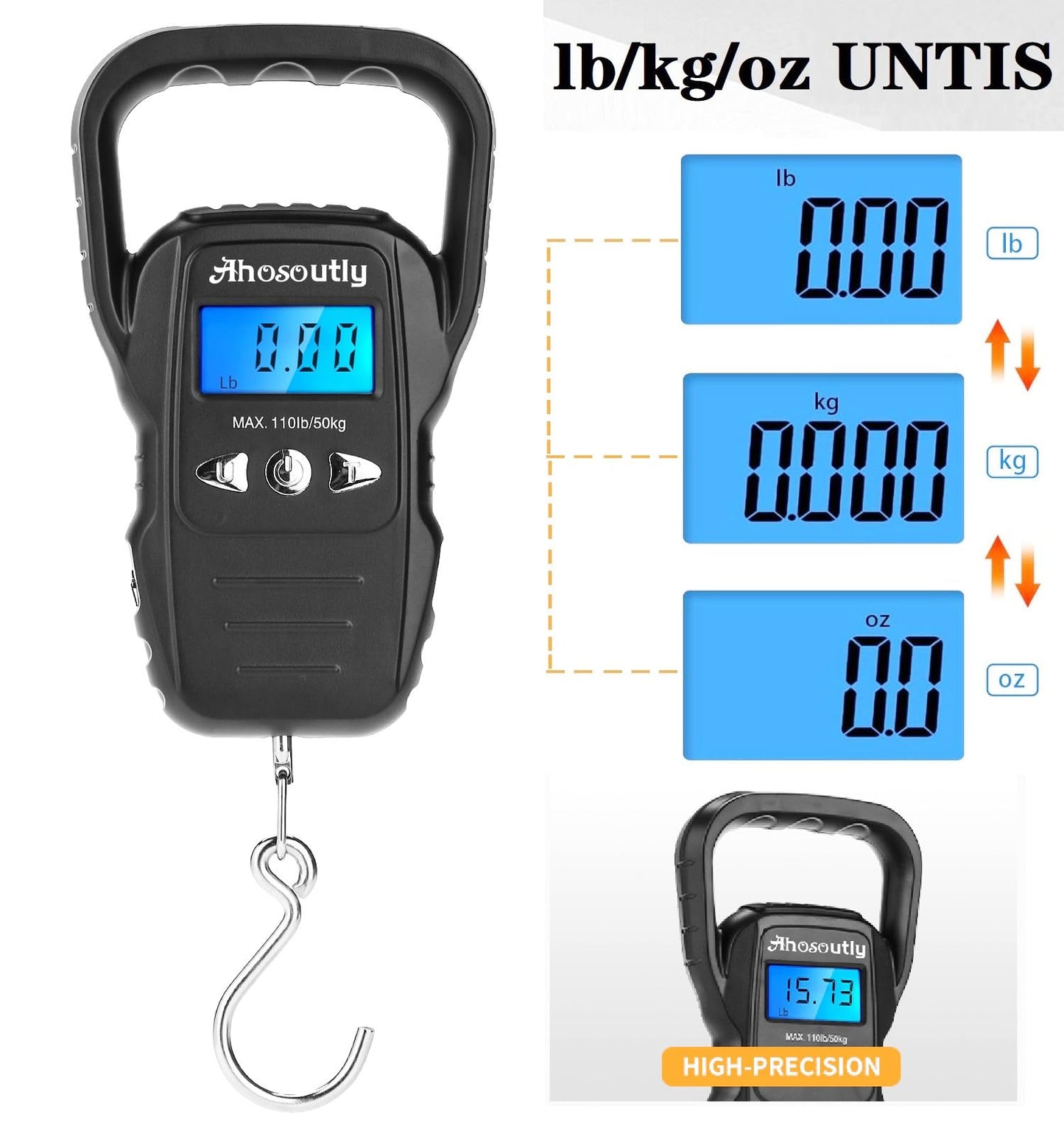 Fish Scale,110lb/50kg Large Handle,Large Backlit LCD Display,Digital Fish Scale with Built-in Measuring Tape, Outdoor Fishing Gifts for Men,Black