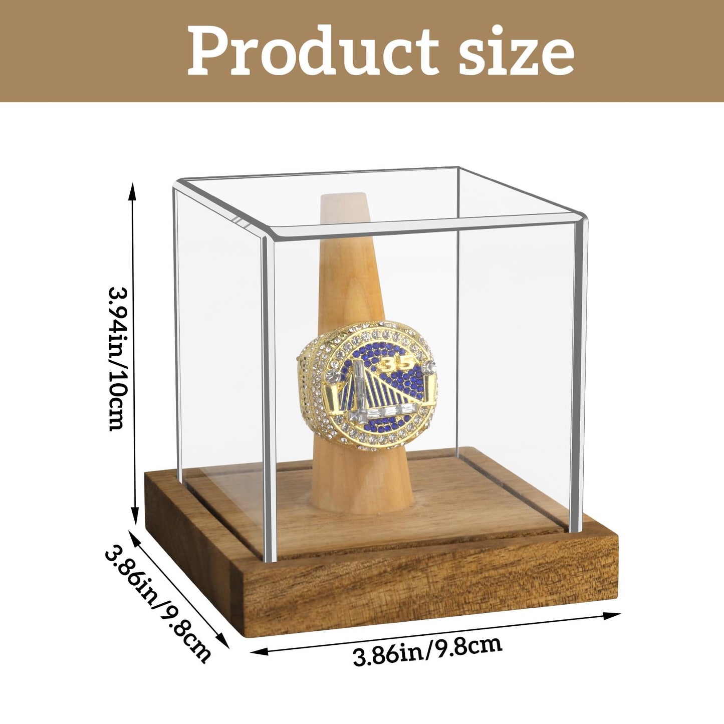 2 Pack Championship Ring Display Case Clear Acrylic Single Ring Holder with Wood Stand Base 1 Slot Ring Hole Storage for Sports Basketball Baseball Fan Souvenirs Military, UV Protection 3.94 Inch